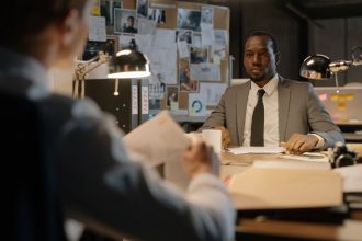 Profissionais analisam documentos durante uma reunião em um escritório.